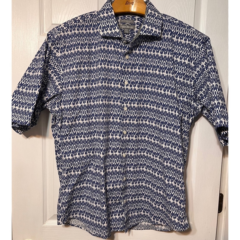 Paulo Solari Mens 3XLT Performance Stretch Modern Fit Blue White Geometric Shirt